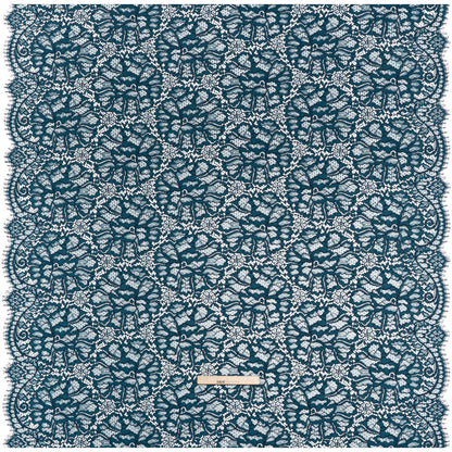 Corded Raschel Lace Panel with Finished Edges - Dark Teal and Navy All-Over Flowers and Leaves