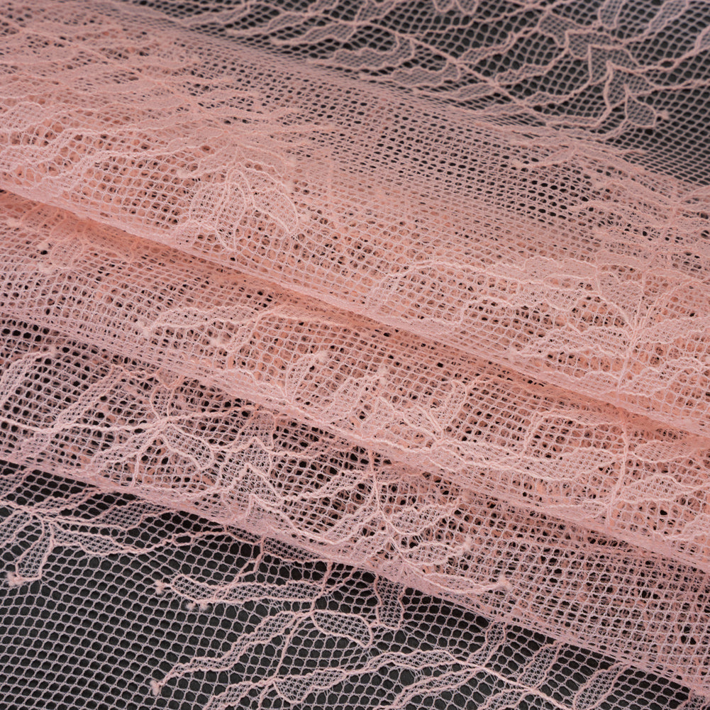 Raschel Lace Panel with Finished Edges - Blossom Pink Delicate Leafy Vines on Net - Folded
