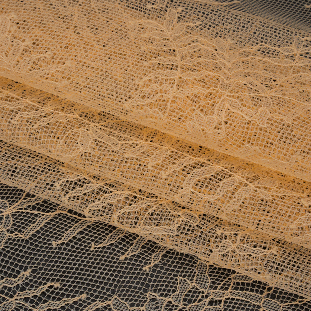 Raschel Lace Panel with Finished Edges - Buff Delicate Leafy Vines on Net