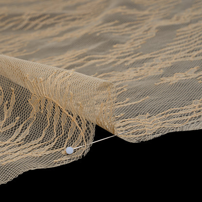 Raschel Lace Panel with Finished Edges - Buff Delicate Leafy Vines on Net
