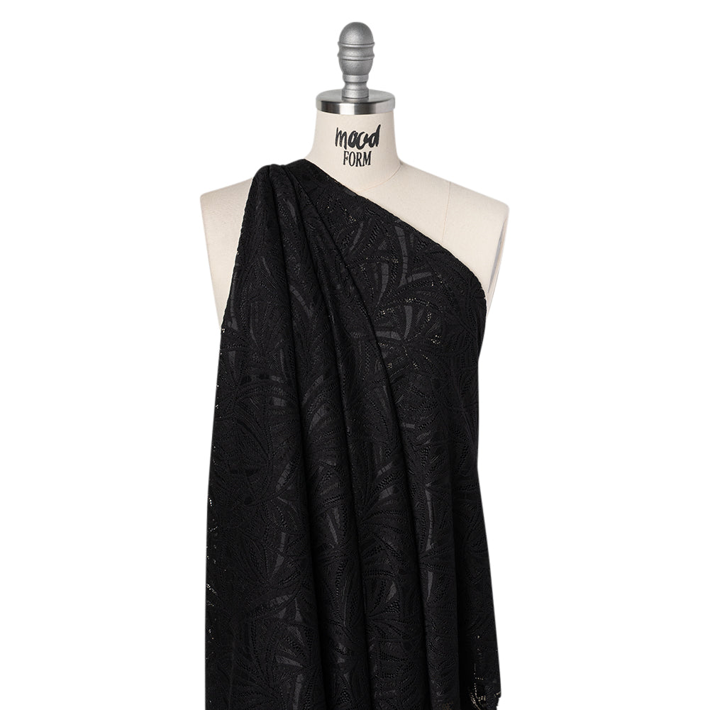 Stretch Raschel Lace with Finished Edges - Black Flying Fans - Drape