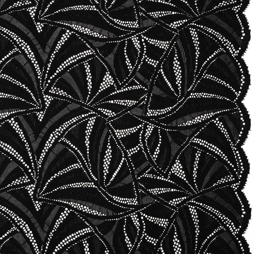 Stretch Raschel Lace with Finished Edges - Black Flying Fans