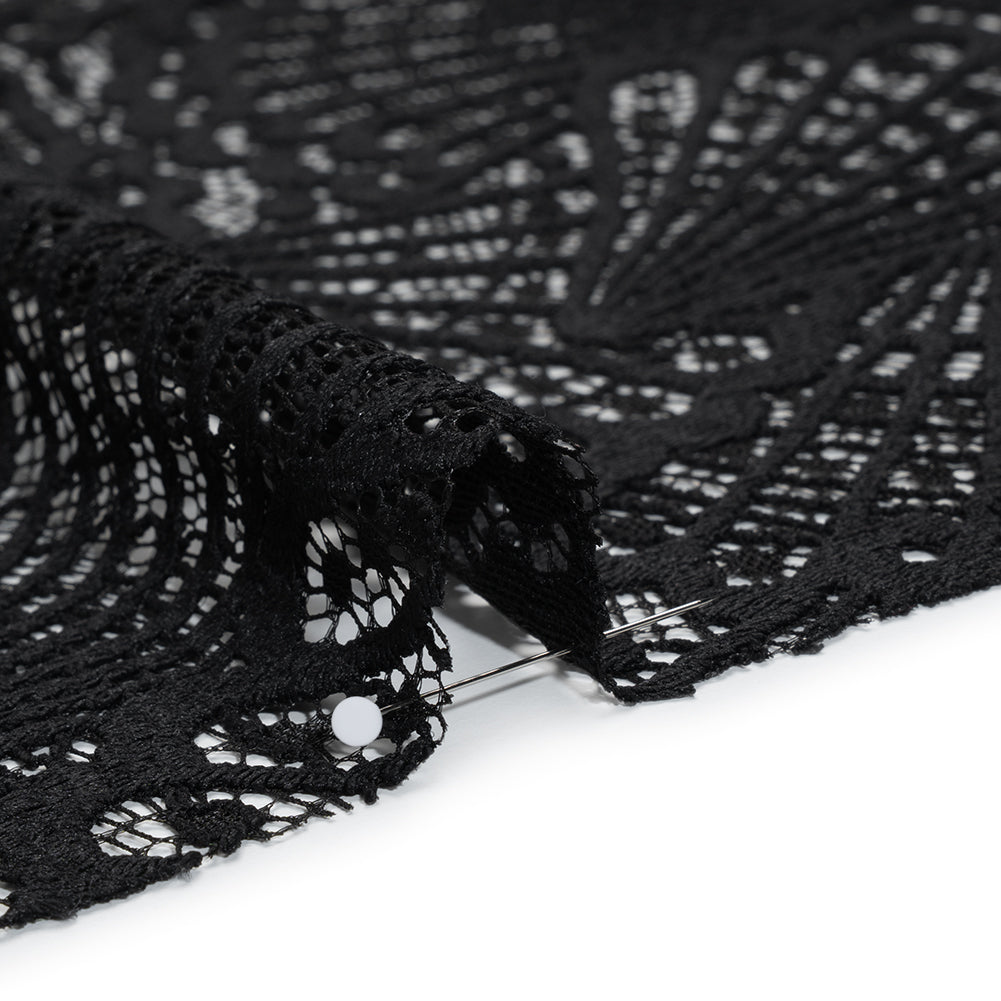 Stretch Raschel Lace with Finished Edges - Black Shell Fans - Detail