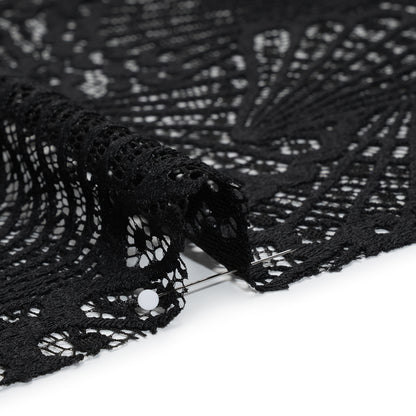Stretch Raschel Lace with Finished Edges - Black Shell Fans
