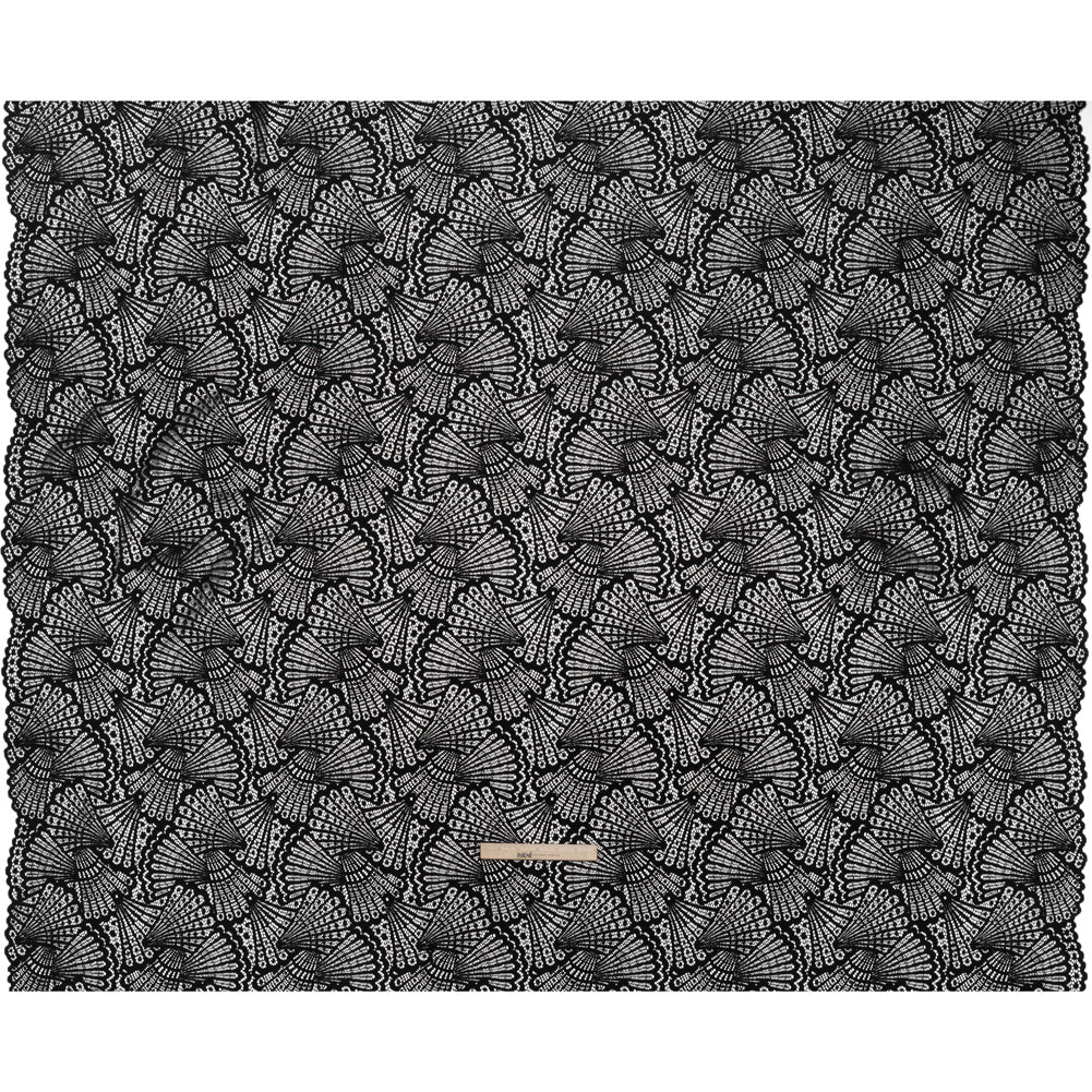 Stretch Raschel Lace with Finished Edges - Black Shell Fans - Full