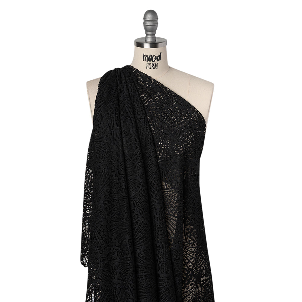 Stretch Raschel Lace with Finished Edges - Black Shell Fans - Drape