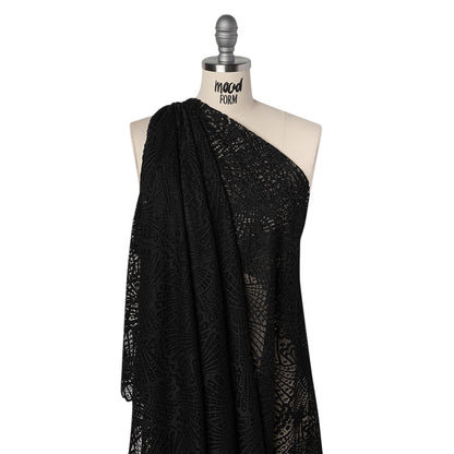 Stretch Raschel Lace with Finished Edges - Black Shell Fans