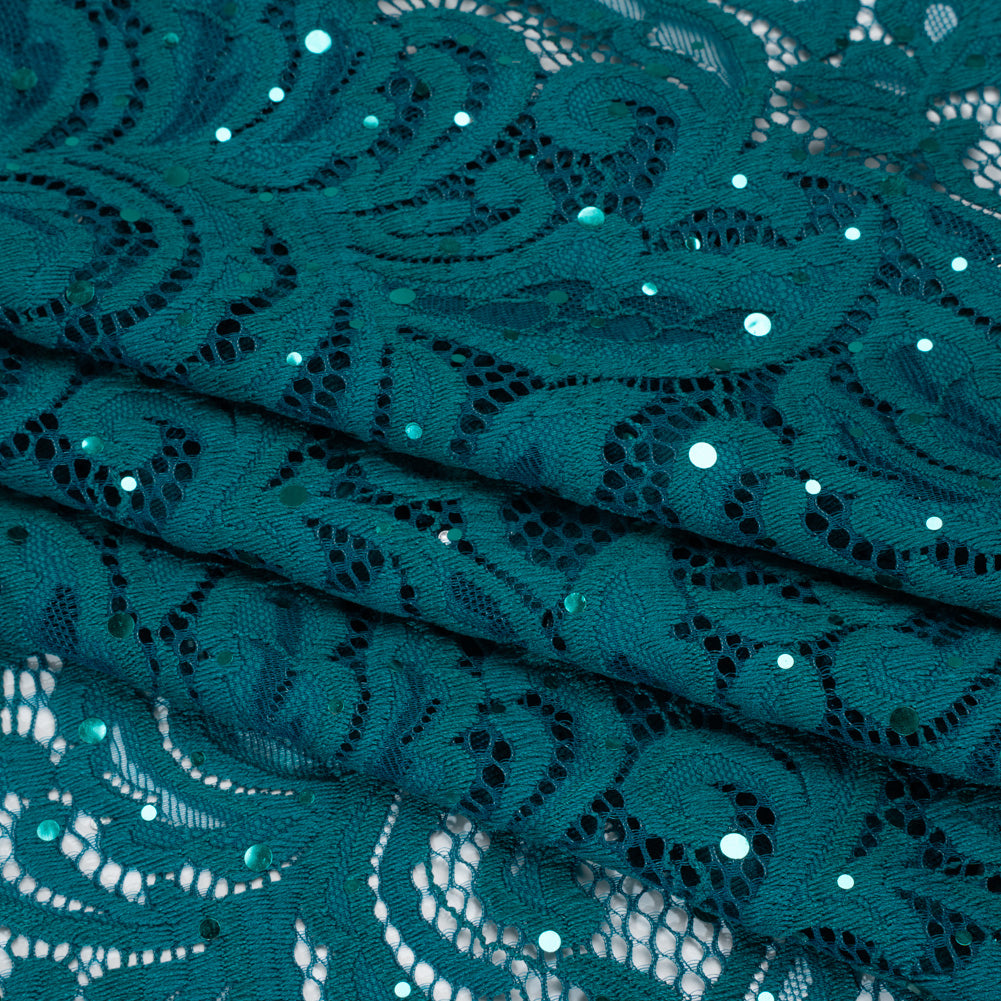 Stretch Raschel Lace with Metallic Spots - Dark Teal and Navy Fancy Leaves and Flowers - Folded