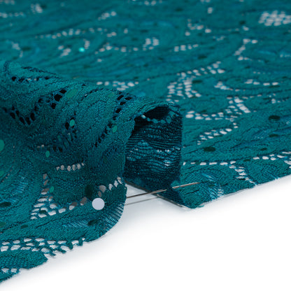 Stretch Raschel Lace with Metallic Spots - Dark Teal and Navy Fancy Leaves and Flowers