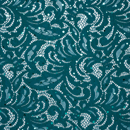 Stretch Raschel Lace with Metallic Spots - Dark Teal and Navy Fancy Leaves and Flowers