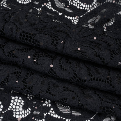 Stretch Raschel Lace with Metallic Spots - Black Fancy Leaves and Flowers