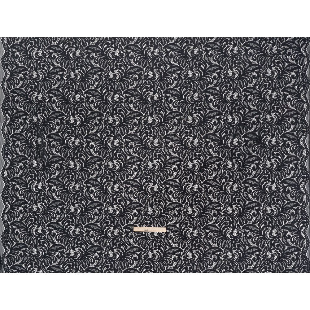 Stretch Raschel Lace with Metallic Spots - Black Fancy Leaves and Flowers