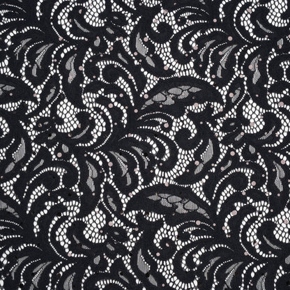 Stretch Raschel Lace with Metallic Spots - Black Fancy Leaves and Flowers