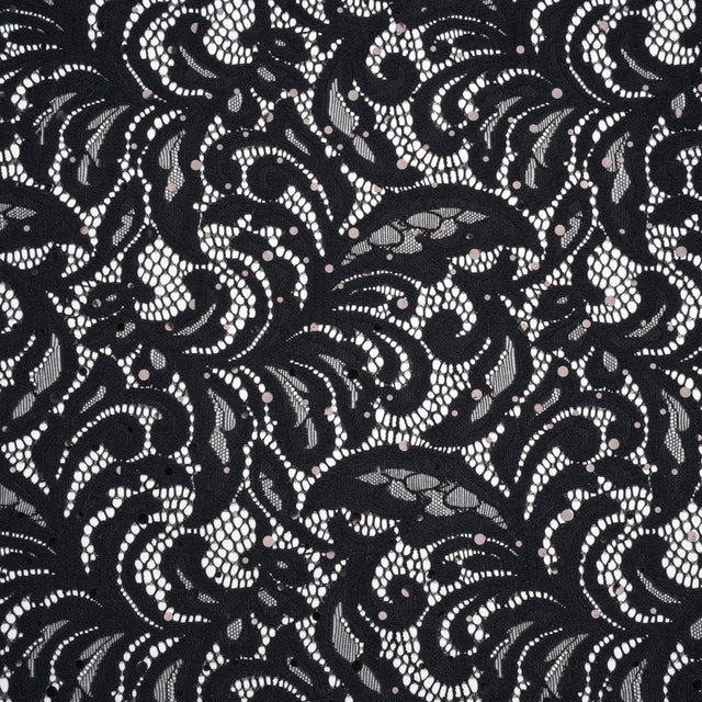 Stretch Raschel Lace with Metallic Spots - Black Fancy Leaves and Flowers