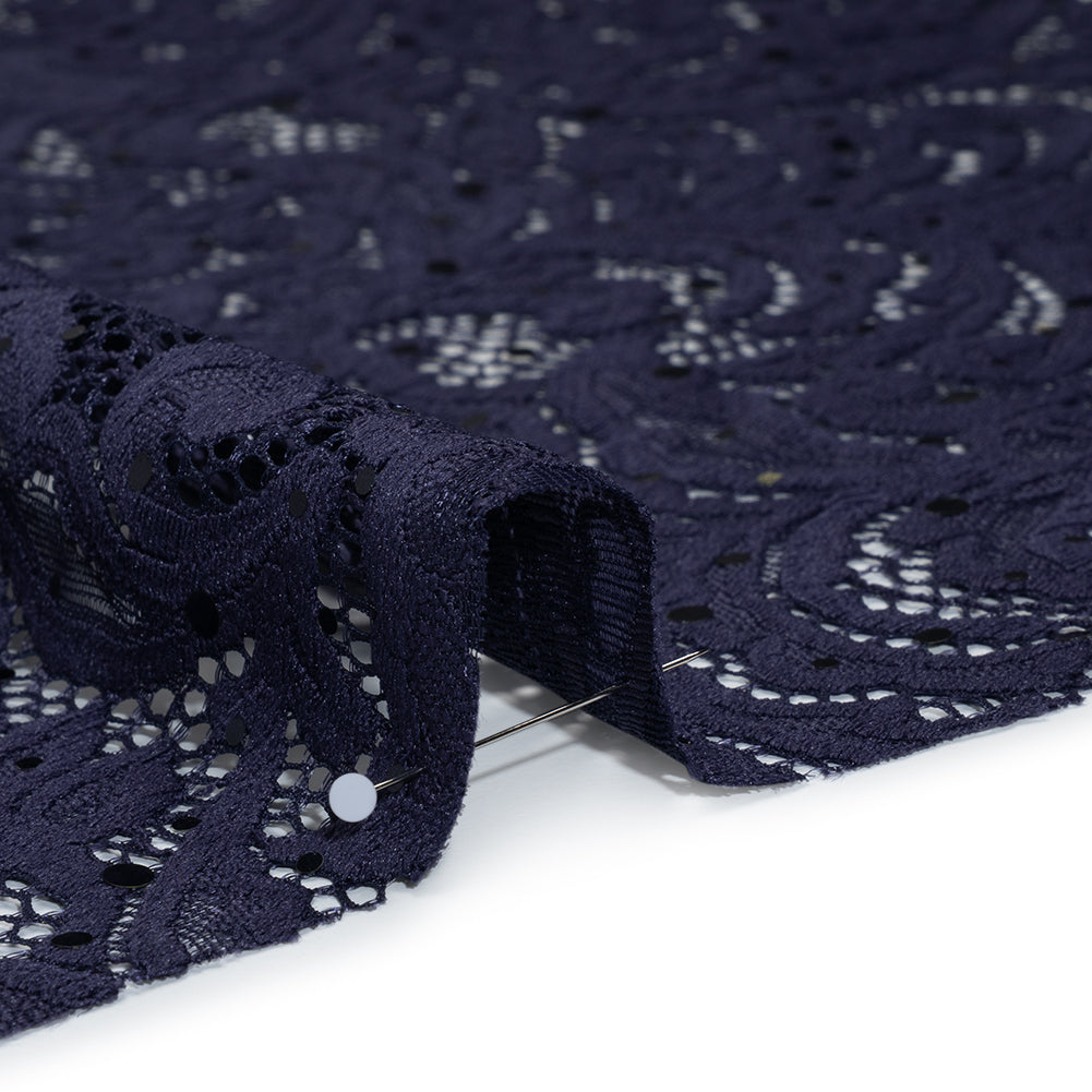 Stretch Raschel Lace with Metallic Spots - Navy Fancy Leaves and Flowers