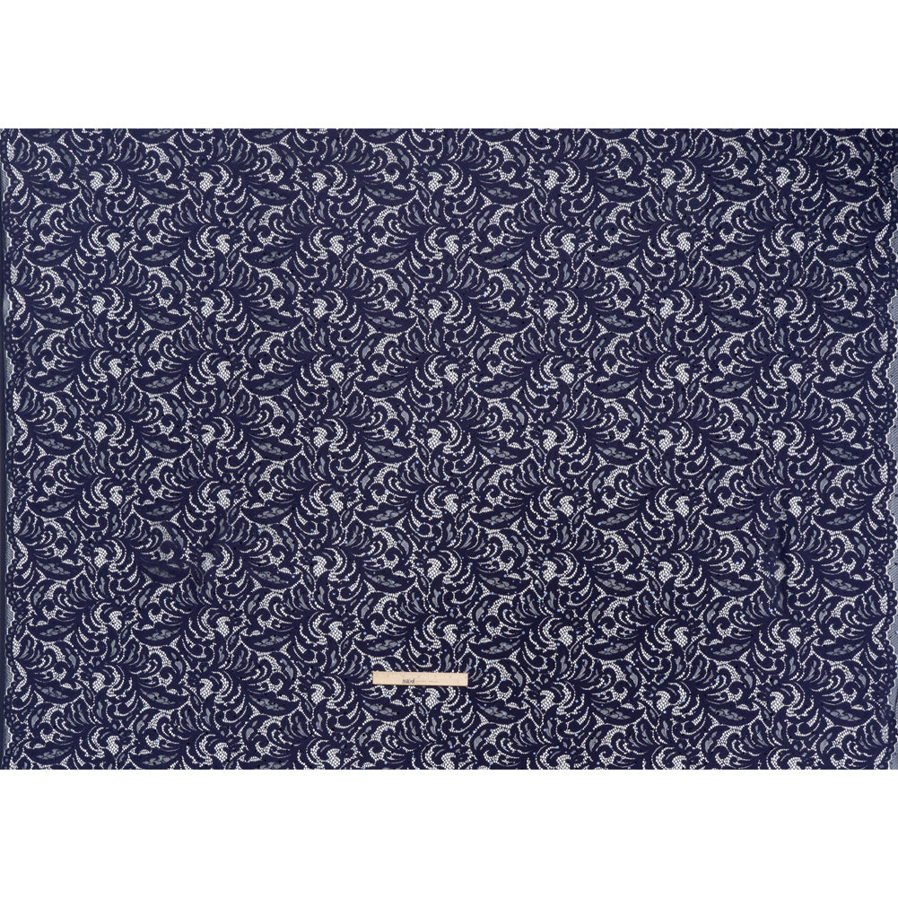 Stretch Raschel Lace with Metallic Spots - Navy Fancy Leaves and Flowers