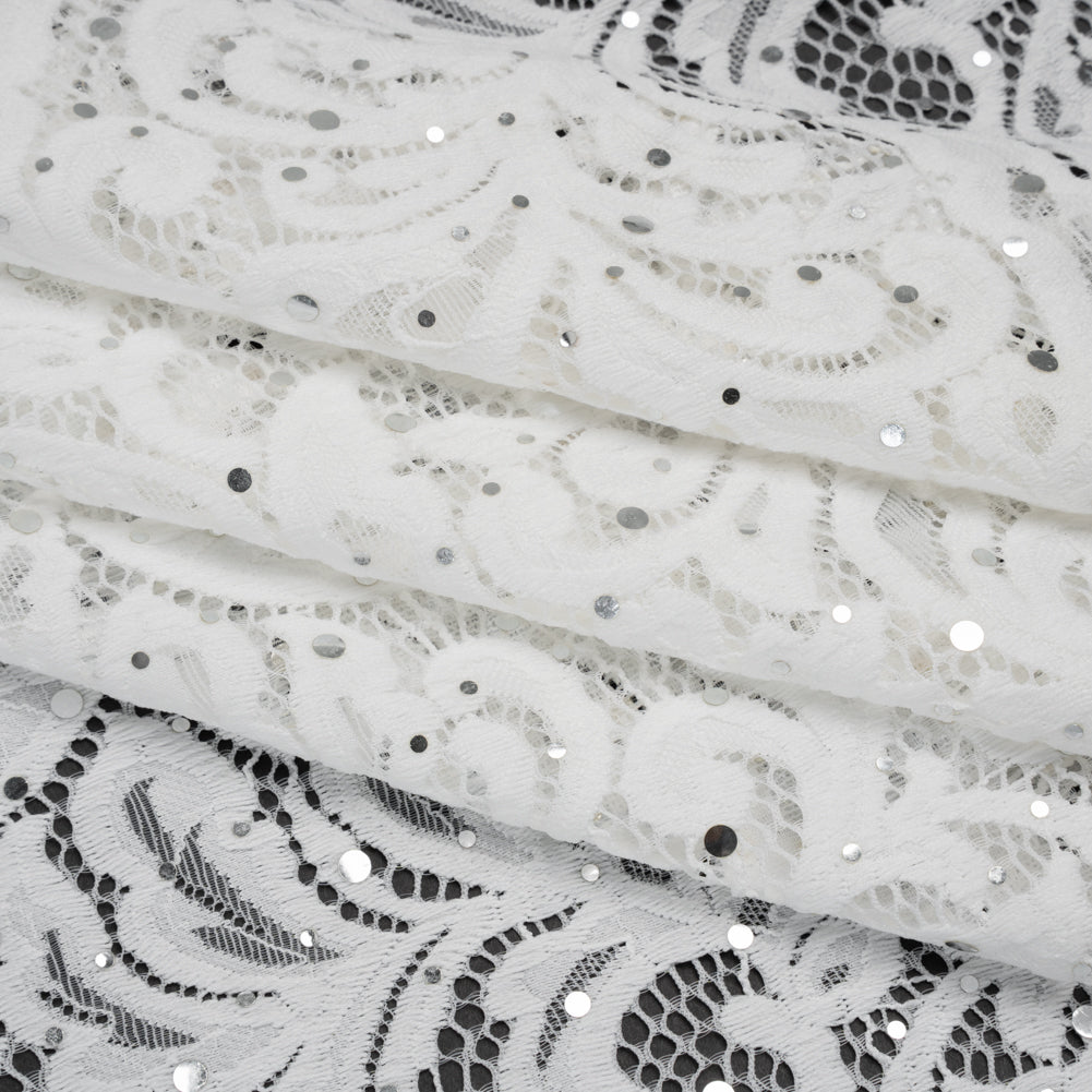 Stretch Raschel Lace with Metallic Spots - Silver and Ivory Fancy Leaves and Flowers