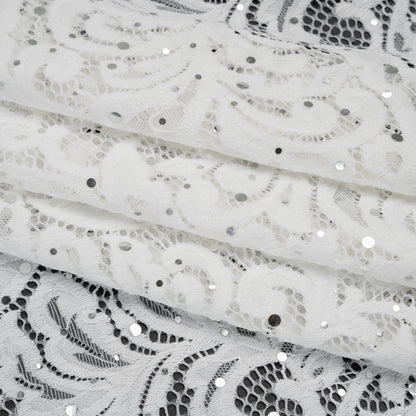 Stretch Raschel Lace with Metallic Spots - Silver and Ivory Fancy Leaves and Flowers