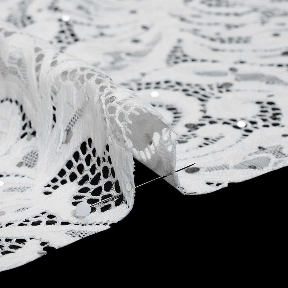 Stretch Raschel Lace with Metallic Spots - Silver and Ivory Fancy Leaves and Flowers