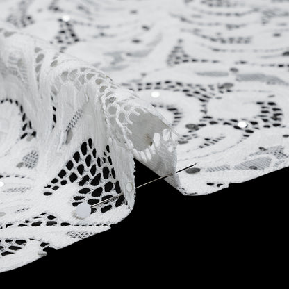 Stretch Raschel Lace with Metallic Spots - Silver and Ivory Fancy Leaves and Flowers