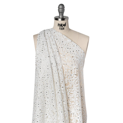 Stretch Raschel Lace with Metallic Spots - Silver and Ivory Fancy Leaves and Flowers
