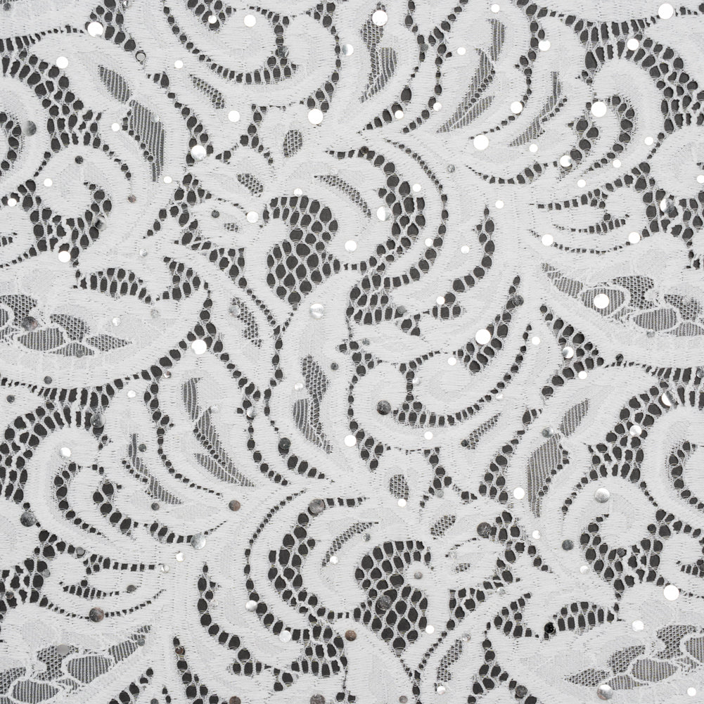 Stretch Raschel Lace with Metallic Spots - Silver and Ivory Fancy Leaves and Flowers