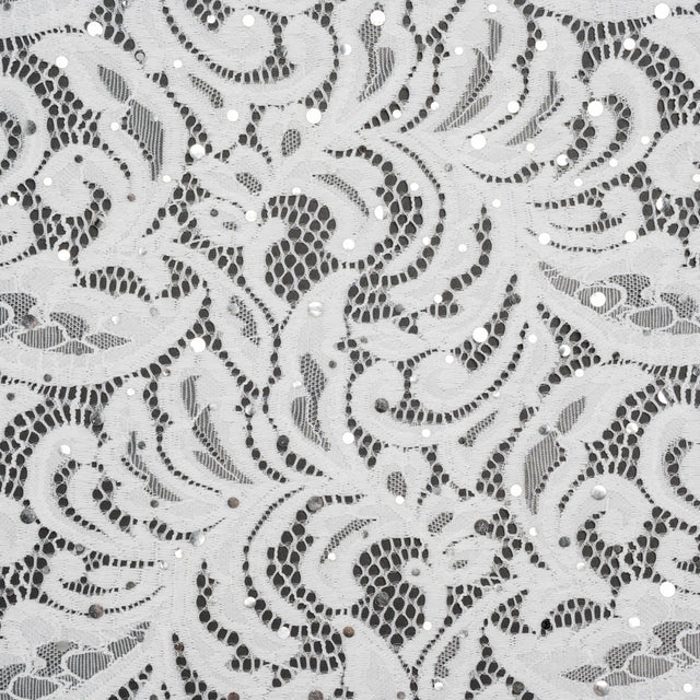 Stretch Raschel Lace with Metallic Spots - Silver and Ivory Fancy Leaves and Flowers