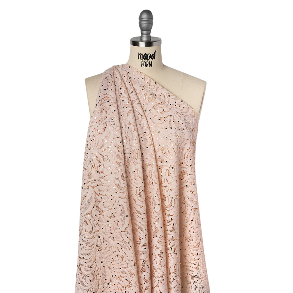 Stretch Raschel Lace with Metallic Spots - Blush and Gold Fancy Leaves and Flowers