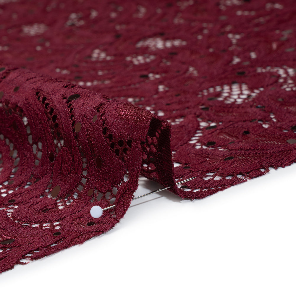 Stretch Raschel Lace with Metallic Spots - Burgundy Fancy Leaves and Flowers - Detail