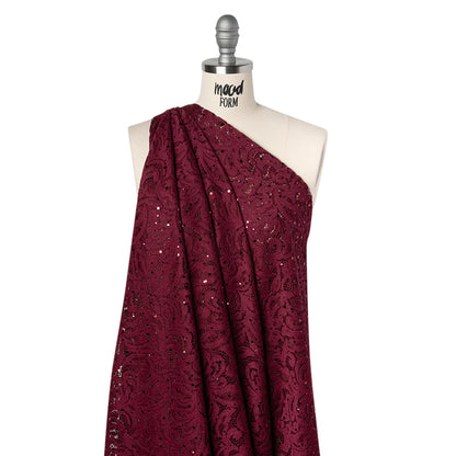 Stretch Raschel Lace with Metallic Spots - Burgundy Fancy Leaves and Flowers
