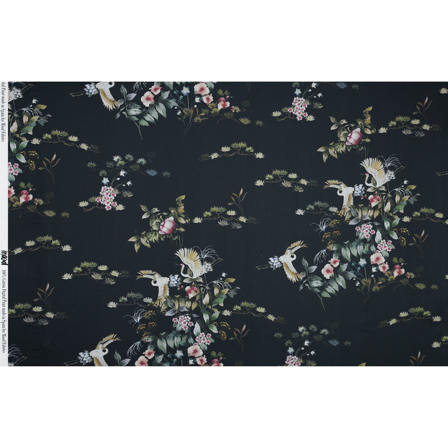 Cotton Voile - Black and Green Birds and Flowers - La Grande Tournee Print - Mood Exclusive Jacques Collection