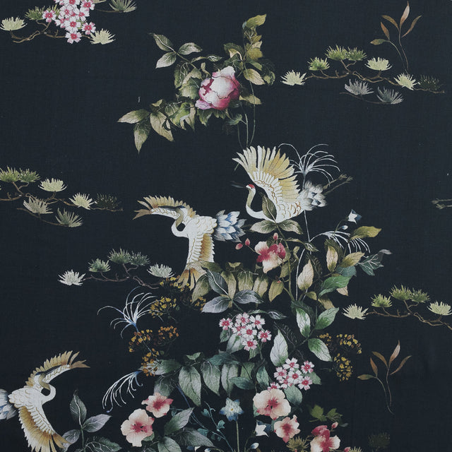 Cotton Voile - Black and Green Birds and Flowers - La Grande Tournee Print - Mood Exclusive Jacques Collection