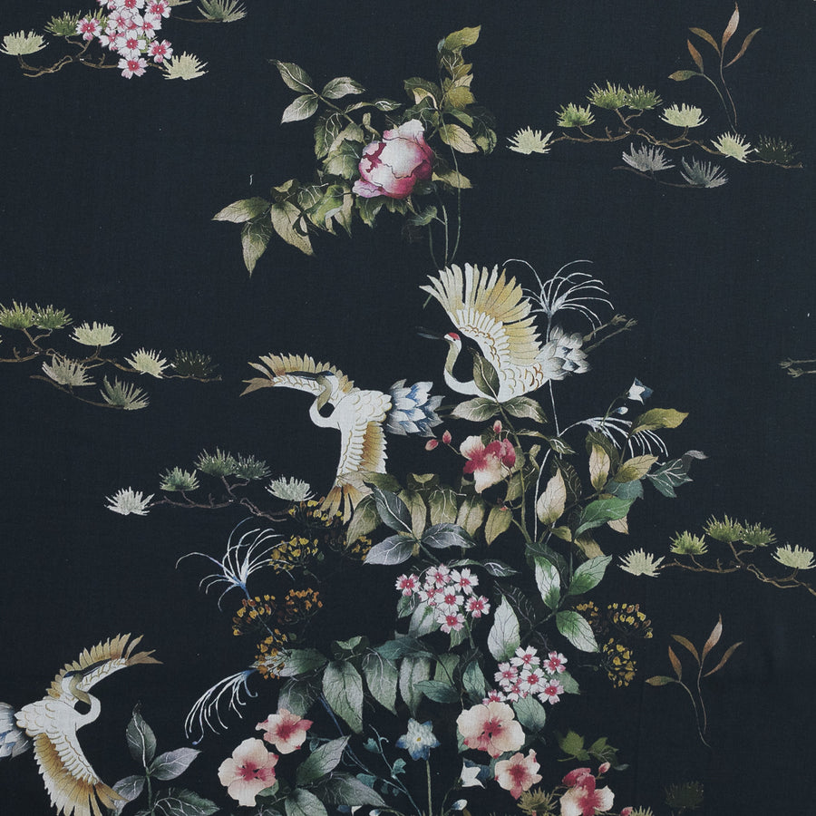 Cotton Voile - Black and Green Birds and Flowers - La Grande Tournee Print - Mood Exclusive Jacques Collection