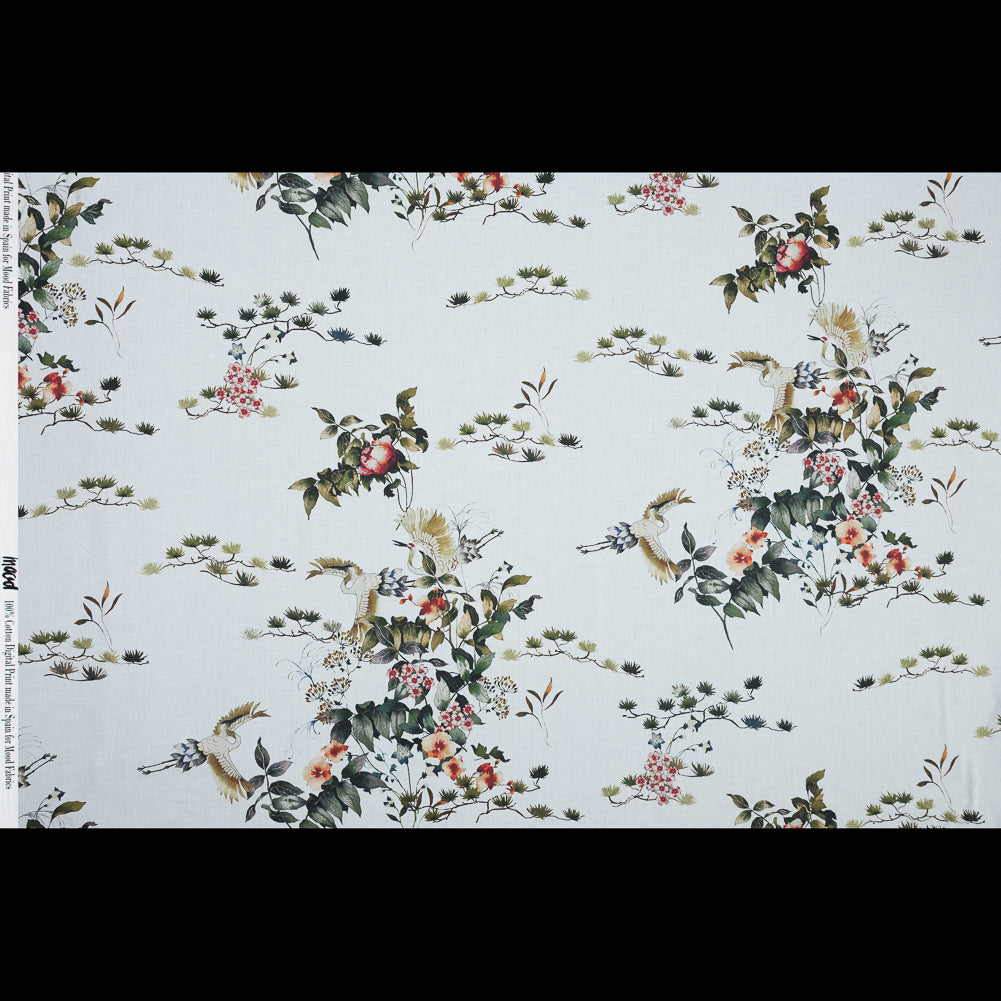 Cotton Voile - White and Green Birds and Flowers - La Grande Tournee Print - Mood Exclusive Jacques Collection