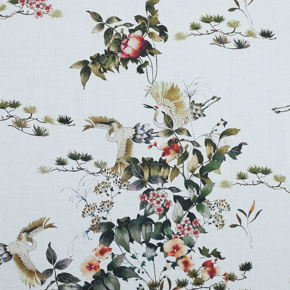 Cotton Voile - White and Green Birds and Flowers - La Grande Tournee Print - Mood Exclusive Jacques Collection