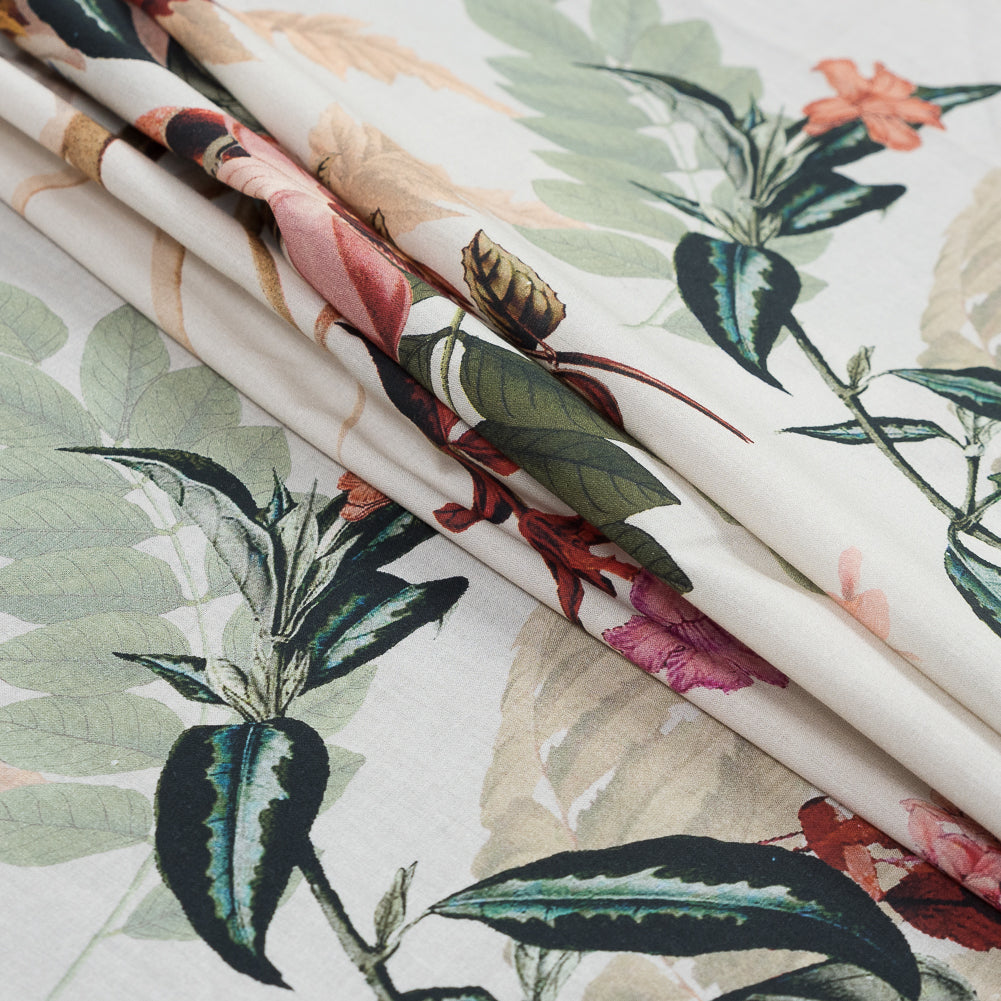Cotton Voile - Pale Green and Coral Floral - Ile des Orchidees Print - Mood Exclusive Jacques Collection - Folded