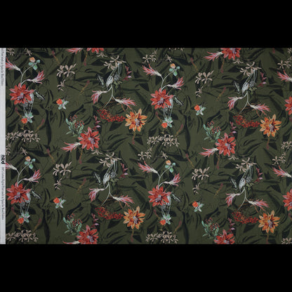 Cotton Voile - Olive Green Flowers and Leaves - Les Tropiques Print - Mood Exclusive Jacques Collection