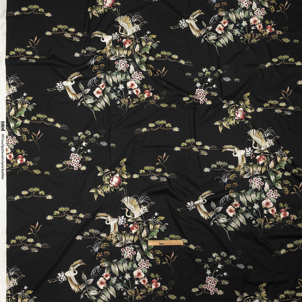 Cotton Poplin - Black and Green Birds and Flowers - La Grande Tournee Print - Mood Exclusive Jacques Collection