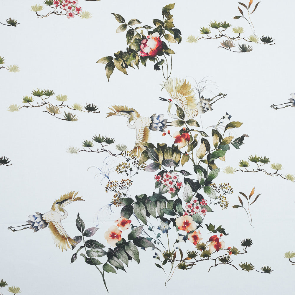 Stretch Cotton Sateen - White and Green Birds and Flowers - La Grande Tournee Print - Mood Exclusive Jacques Collection
