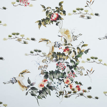 Stretch Cotton Sateen - White and Green Birds and Flowers - La Grande Tournee Print - Mood Exclusive Jacques Collection