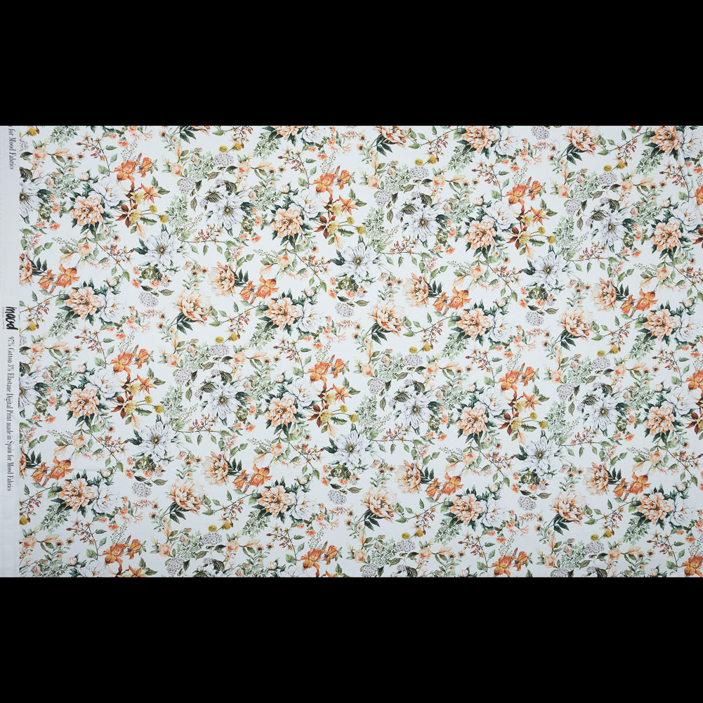 Satén de algodón elástico - Naranja y verde - Estampado Les Fleurs de L'amour - Colección Jacques exclusiva de Mood