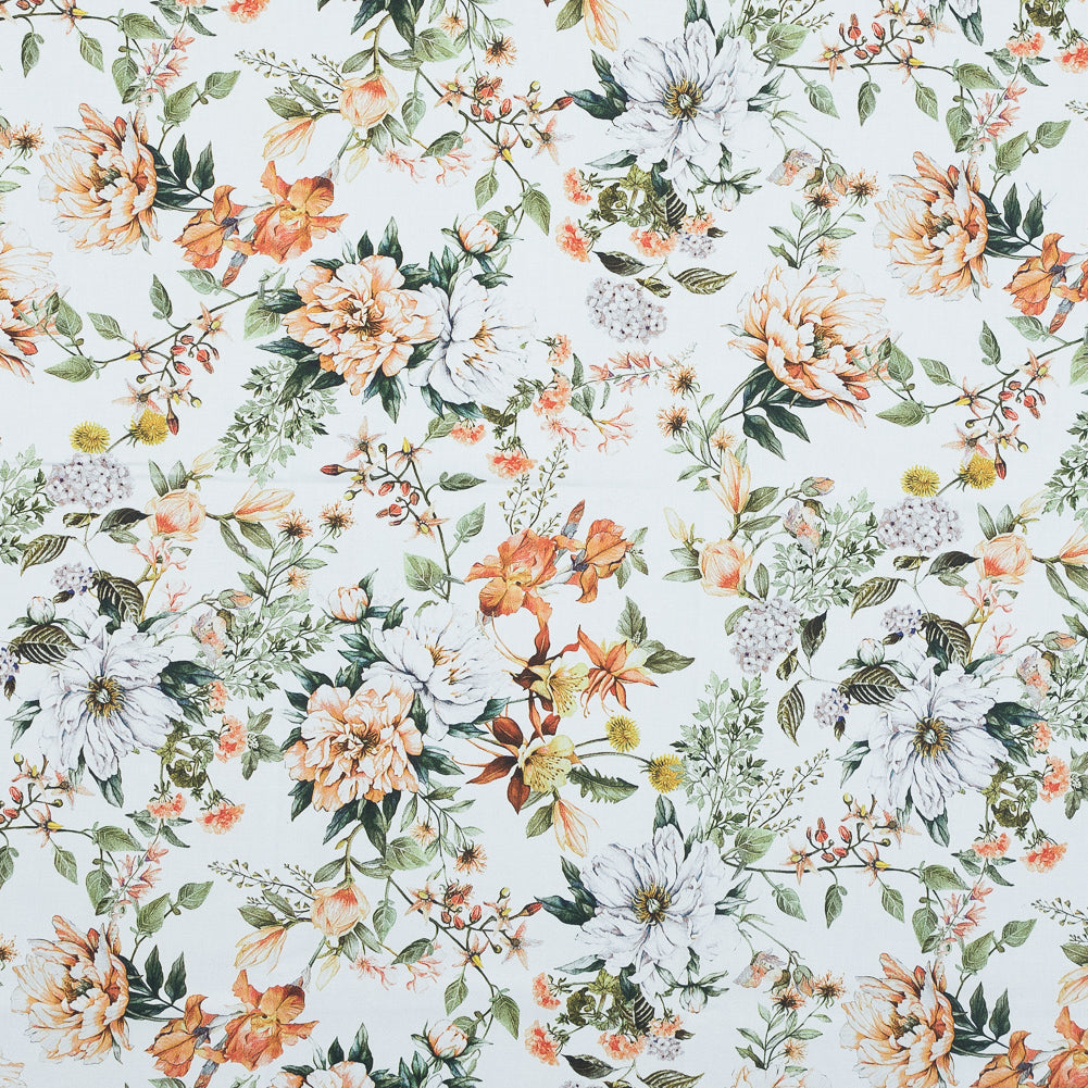 Stretch Cotton Sateen - Orange and Green - Les Fleurs de L'amour Print - Mood Exclusive Jacques Collection