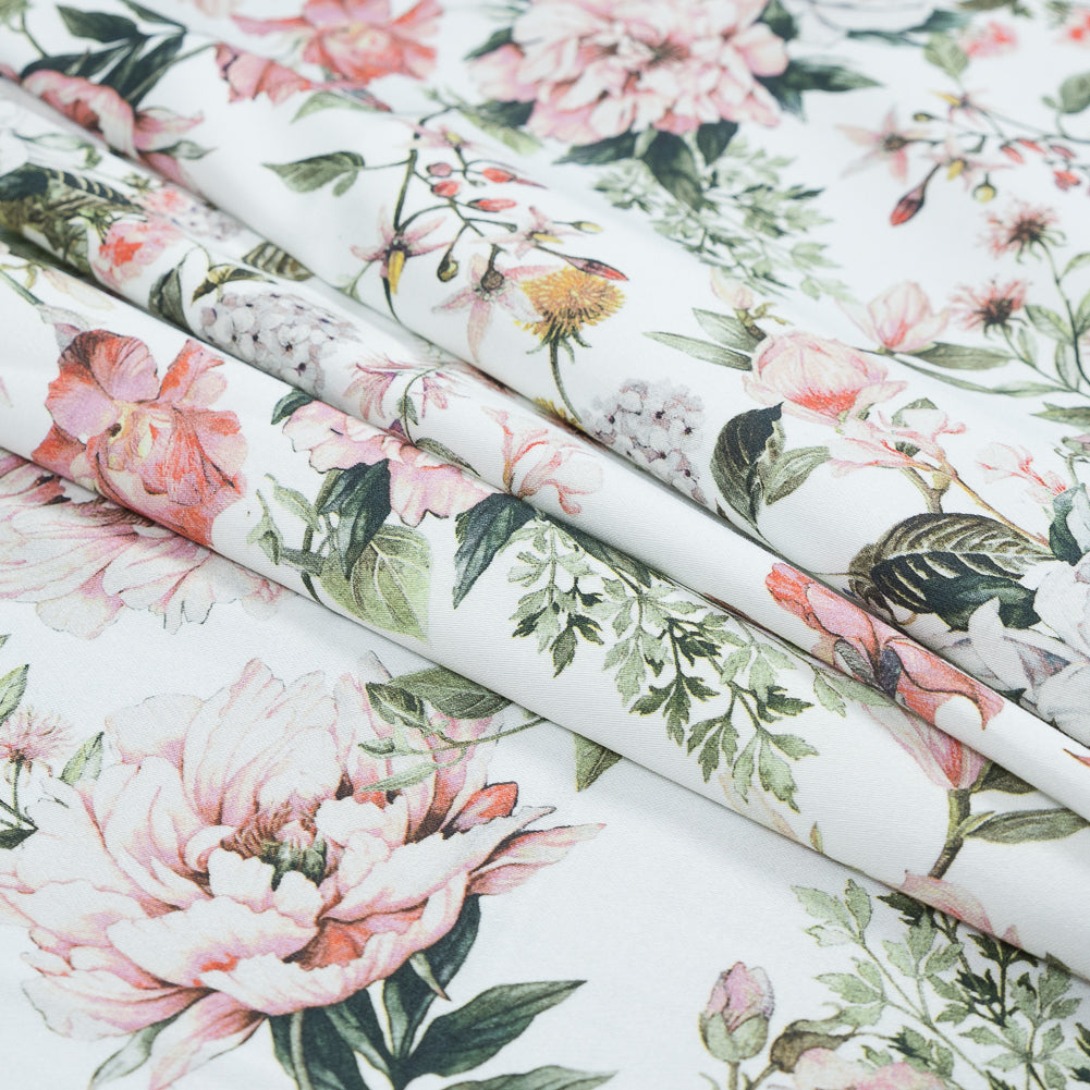 Stretch Cotton Sateen - Pink and Green - Les Fleurs de L'amour Print - Mood Exclusive Jacques Collection