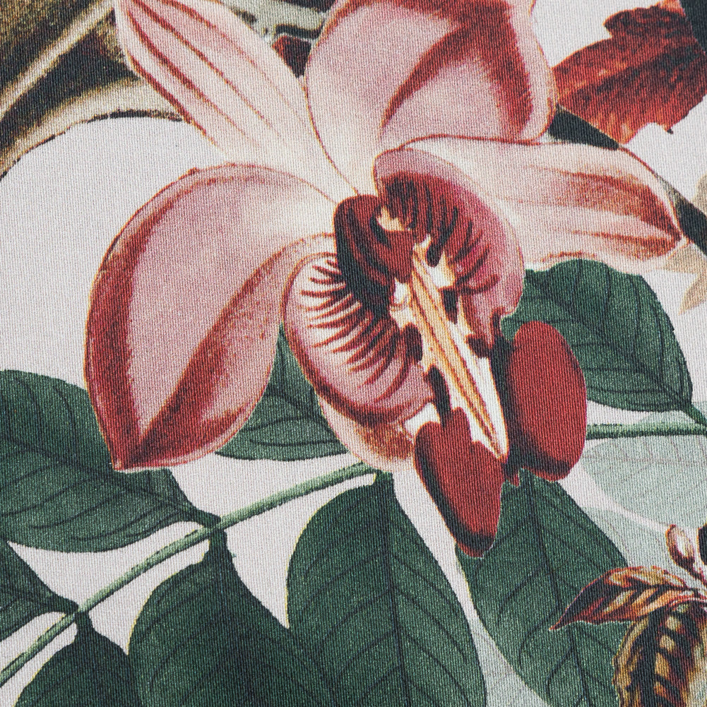 Satén de algodón elástico - Verde pálido y coral - Estampado Île des Orchidées - Colección exclusiva Jacques de Mood