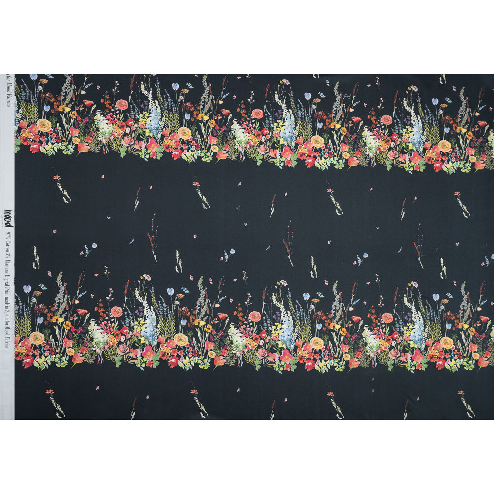 Stretch Cotton Sateen Panel - Midnight Blue Floral Band - Promenade au Pavot Print - Mood Exclusive Jacques Collection