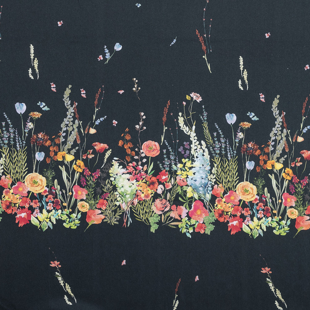 Stretch Cotton Sateen Panel - Midnight Blue Floral Band - Promenade au Pavot Print - Mood Exclusive Jacques Collection