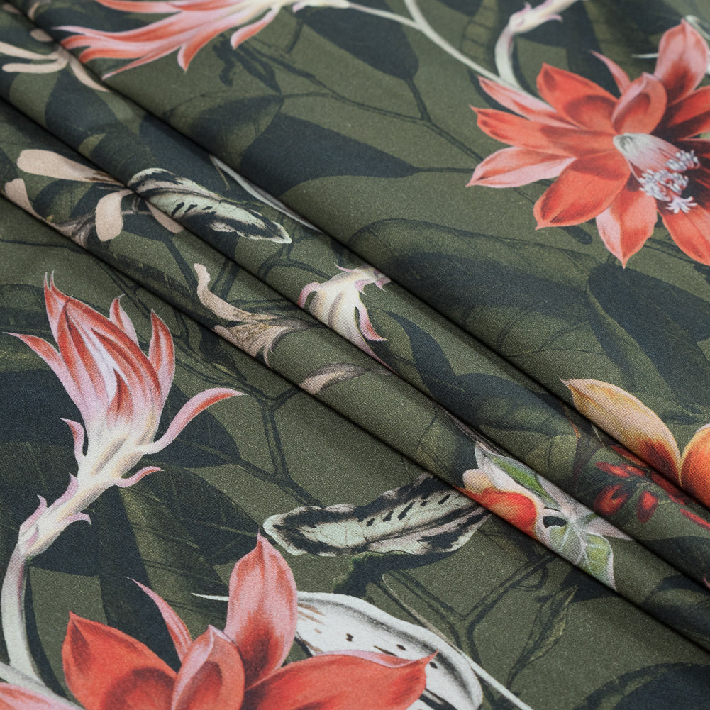 Stretch Cotton Sateen - Olive Green Flowers and Leaves - Les Tropiques Print - Mood Exclusive Jacques Collection
