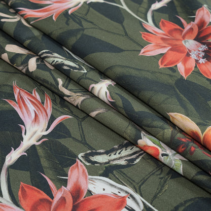 Stretch Cotton Sateen - Olive Green Flowers and Leaves - Les Tropiques Print - Mood Exclusive Jacques Collection