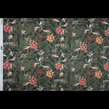 Stretch Cotton Sateen - Olive Green Flowers and Leaves - Les Tropiques Print - Mood Exclusive Jacques Collection
