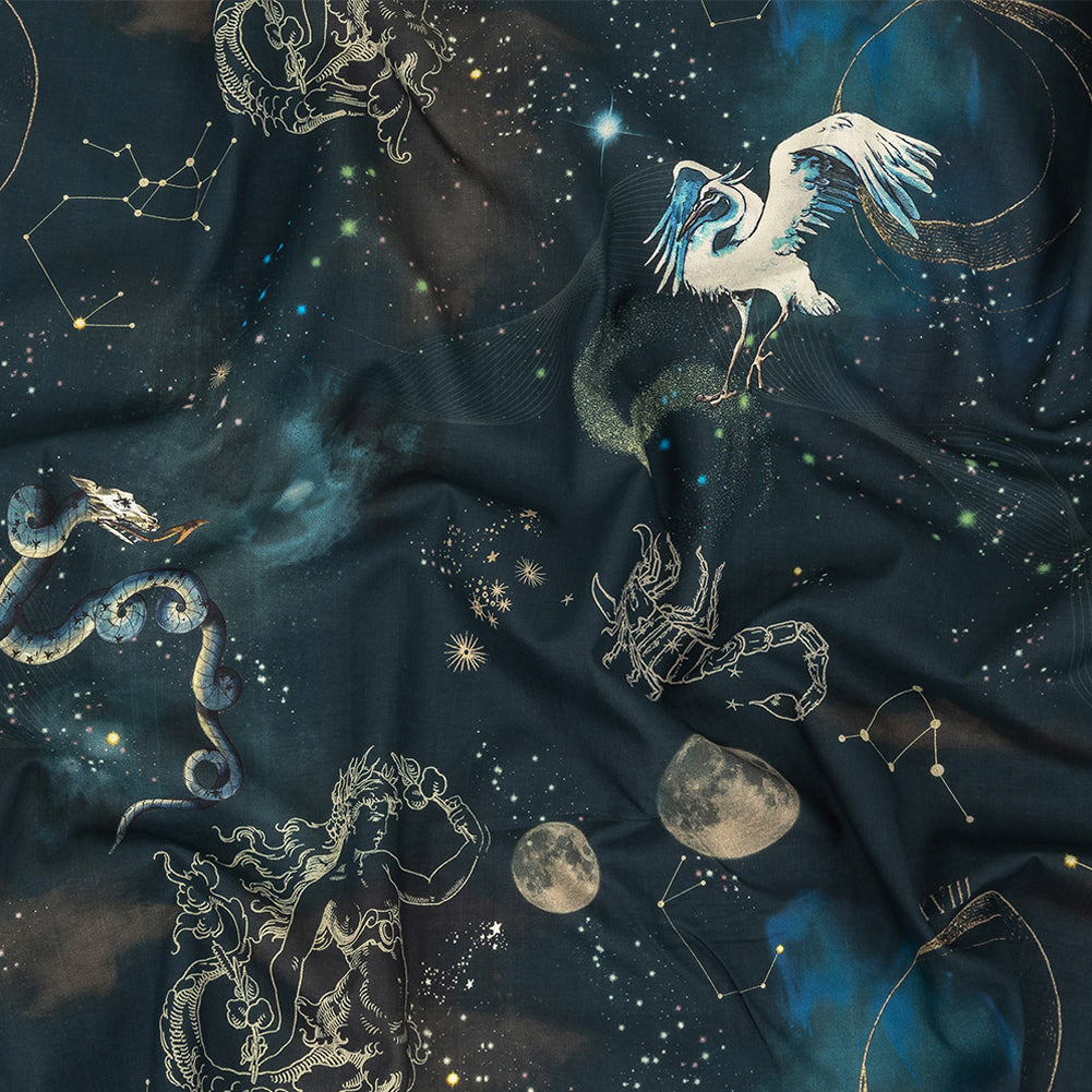 Cotton Voile - Navy Celestial Birds - Apollo's Disguise Print - Mood Exclusive Gaia Collection